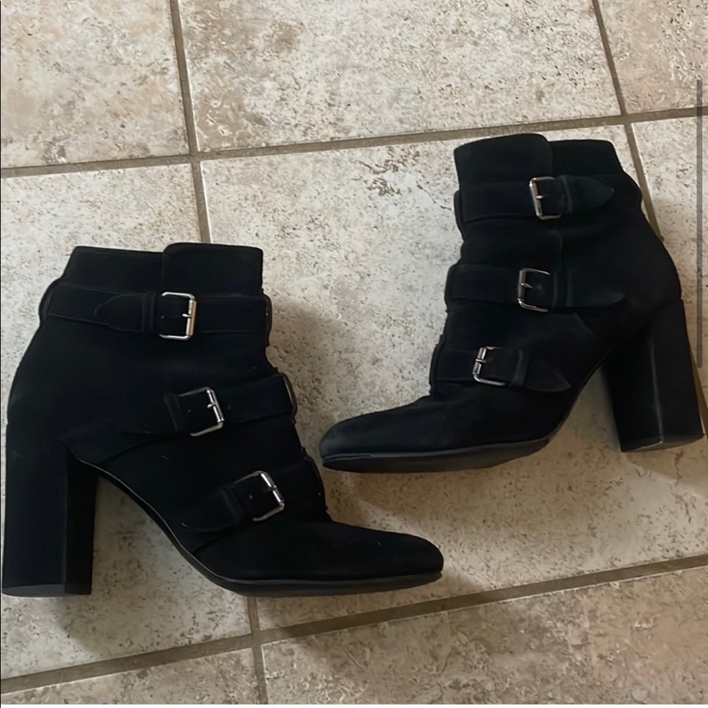 SAINT LAURENT Black Suede Buckle Ankle Boots w/ buckles - Picture 2 of 12